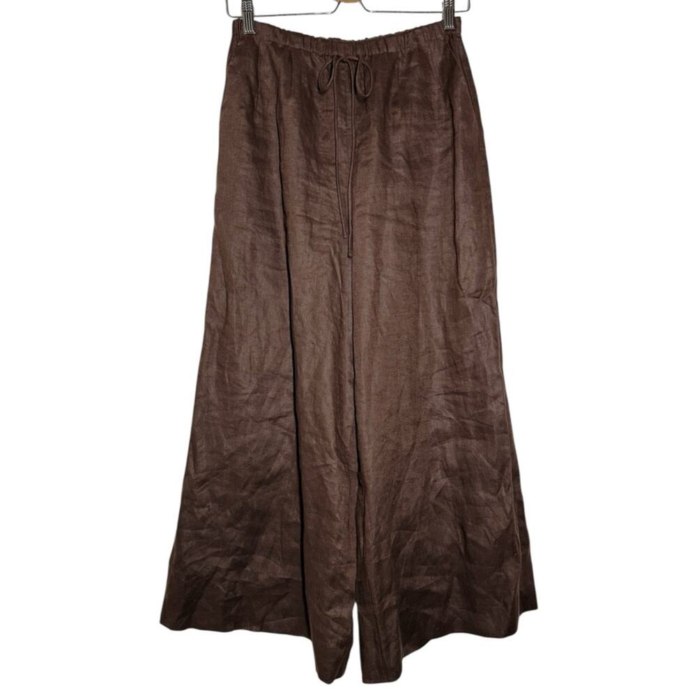 Joslin Chocolate Brown Linen Wide-Leg Slight Crop Pants Small